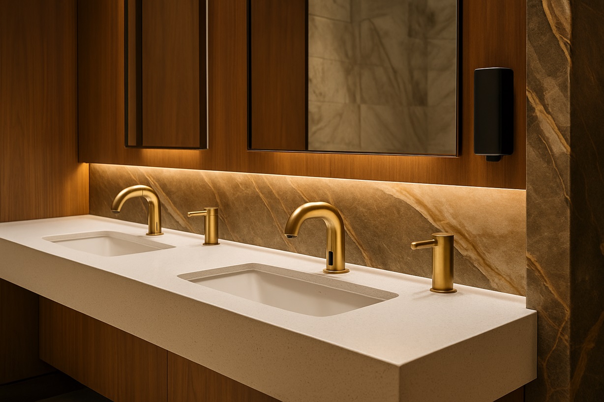 Corporate or hospitality restroom with coordinated faucets, soap dispensers, and finishes